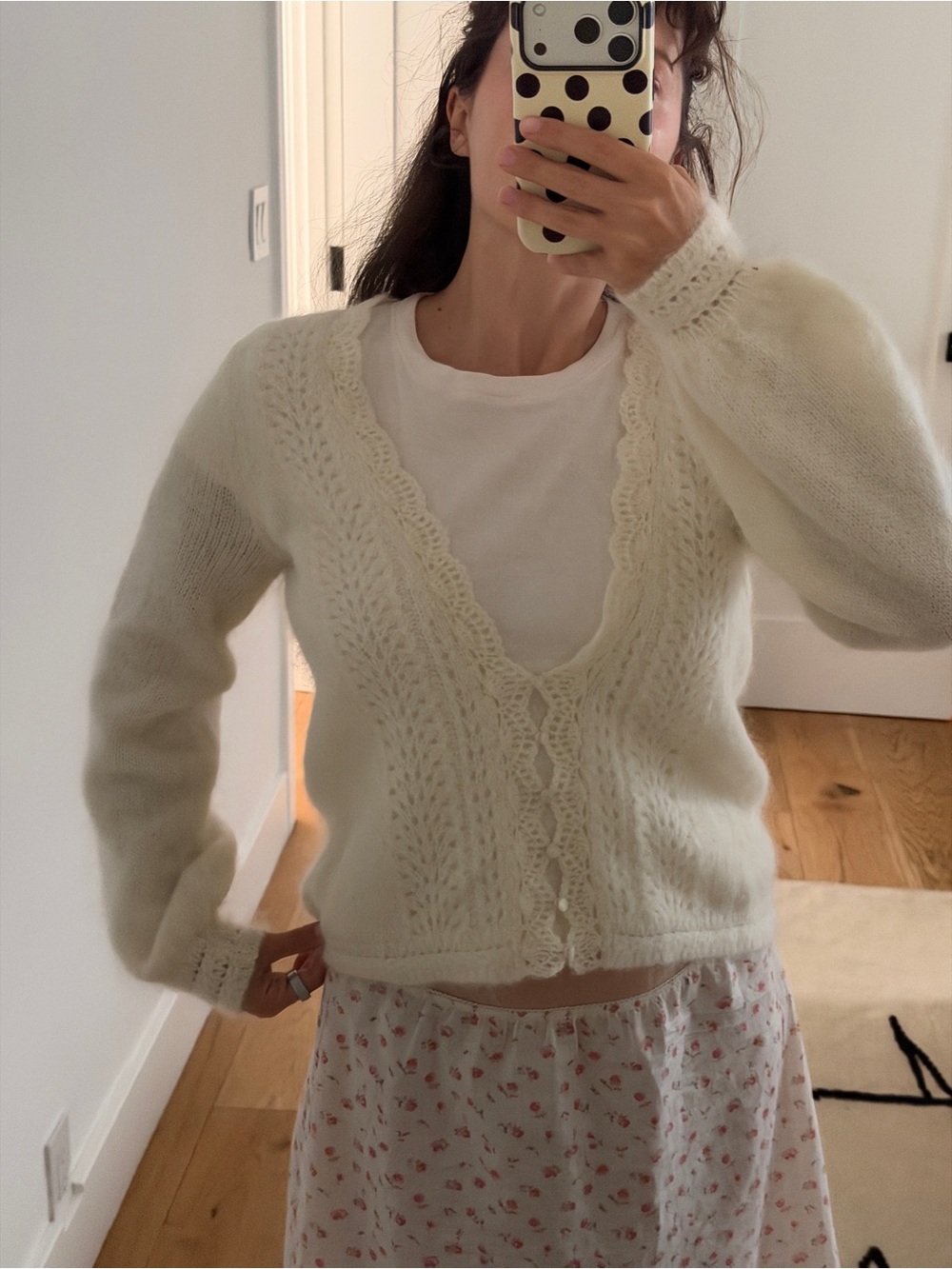 Sezane Cream Lace-Trim Knit Cardigan